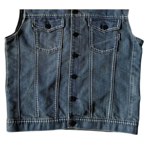 Ring Of Fire DownTown Las Angeles Mens Denim Vest Button Front L Blue See Pics - Picture 3 of 5
